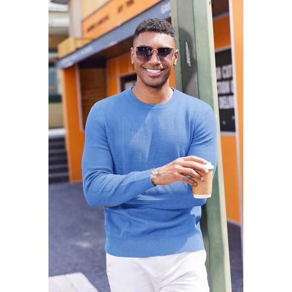 Men's Crewneck Sweater Dress Long Sleeve Pullover Sweater Knit Sweaters Blue - Picture 2 of 6